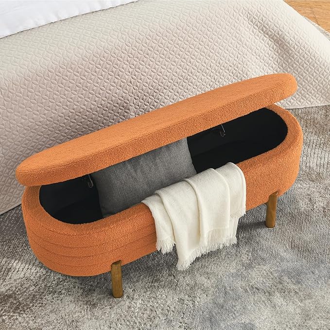 Furniliving 46” Storage Benches, End of Bed Bench with Button-Tufted Large Upholstered Storage Ottoman Teddy Window Bench with Storage Shoe Cabinet Bench, for Bedroom, Entryway, Closet, Orange-Ruum Studio Home