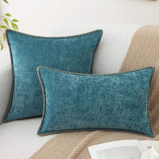 decorUhome Chenille Soft Throw Pillow Covers 12x20 Set of 2, Lumbar Velvet Farmhouse Neutral Decorative Euro Pillow Covers with Stitched Edge for Couch Sofa Bed Home Decor, Teal-Ruum Studio Home