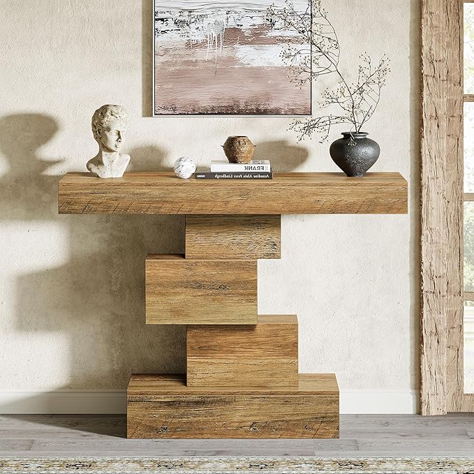Tribesigns 42.5" Farmhouse Console Table, Narrow Wood Sofa Table Behind Couch with Geometric Base, Industrial Entryway Accent Table for Living Room, Hallway, Entrance (Light Brown)-Ruum Studio Home