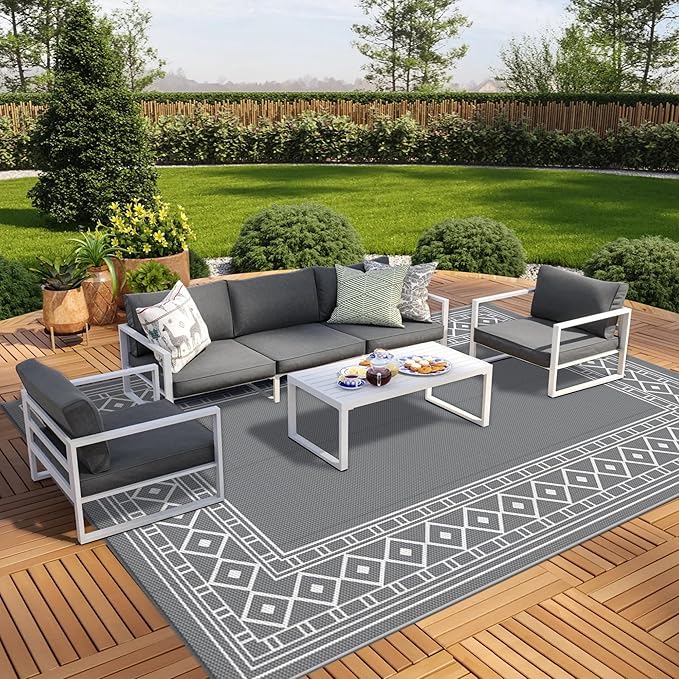 GENIMO Outdoor Rug Waterproof for Patio, 9'x12' Reversible Plastic Straw Outdoor Carpet, Camping Outside Mat for Outdoor Decor, RV, Deck, Camper, Balcony, Picnic, Grey & White-Ruum Studio Home