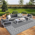 GENIMO Outdoor Rug Waterproof Area 10'x14' for Patio, Foldable Reversible Plastic Straw Carpet for Travel Trailers, Outside Mat for Rv, Deck, Picnic, Porch, Camper, Balcony, Beach, Grey & White-Ruum Studio Home