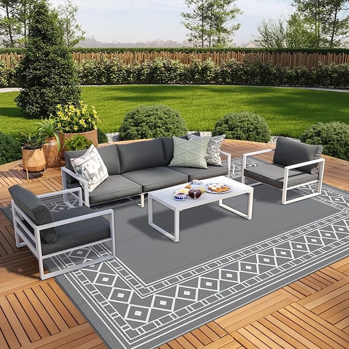 GENIMO Outdoor Rug Waterproof Area 10'x14' for Patio, Foldable Reversible Plastic Straw Carpet for Travel Trailers, Outside Mat for Rv, Deck, Picnic, Porch, Camper, Balcony, Beach, Grey & White-Ruum Studio Home