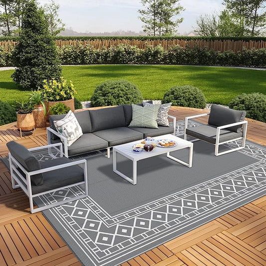 GENIMO Outdoor Rug Waterproof Area 10'x14' for Patio, Foldable Reversible Plastic Straw Carpet for Travel Trailers, Outside Mat for Rv, Deck, Picnic, Porch, Camper, Balcony, Beach, Grey & White-Ruum Studio Home