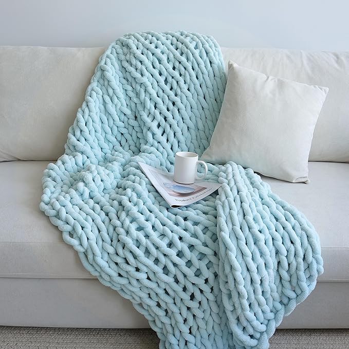 Maetoow Chenille Chunky Knit Blanket Throw （40×50 Inch）, Handmade Warm & Cozy Blanket Couch, Bed, Home Decor, Soft Breathable Fleece Banket, Christmas Thick and Giant Yarn Throws, Baby Blue-Ruum Studio Home