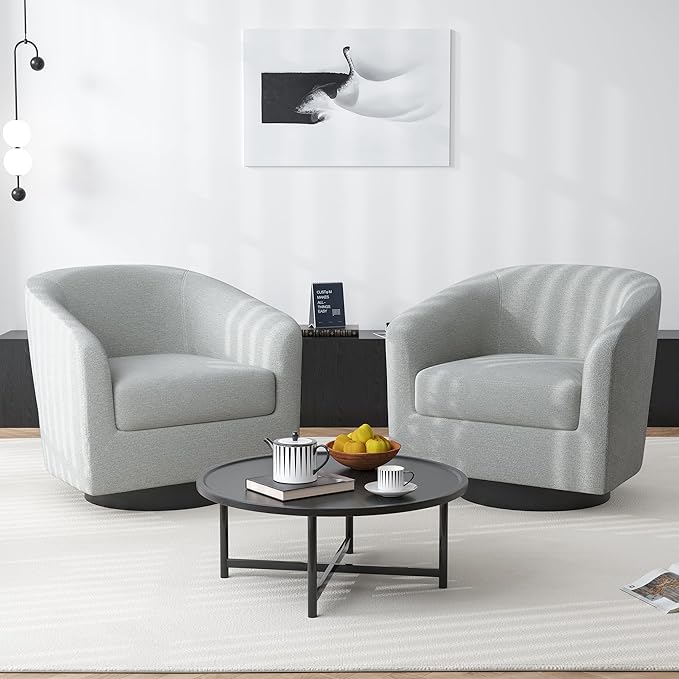 Swivel Barrel Accent Chair, Modern Round Chenille Fabric Arm Chair for Living Room, Bedroom, Comfy Club Reading Chairs for Adults（Chenille Fabric, Light Grey, Set of 2-Ruum Studio Home