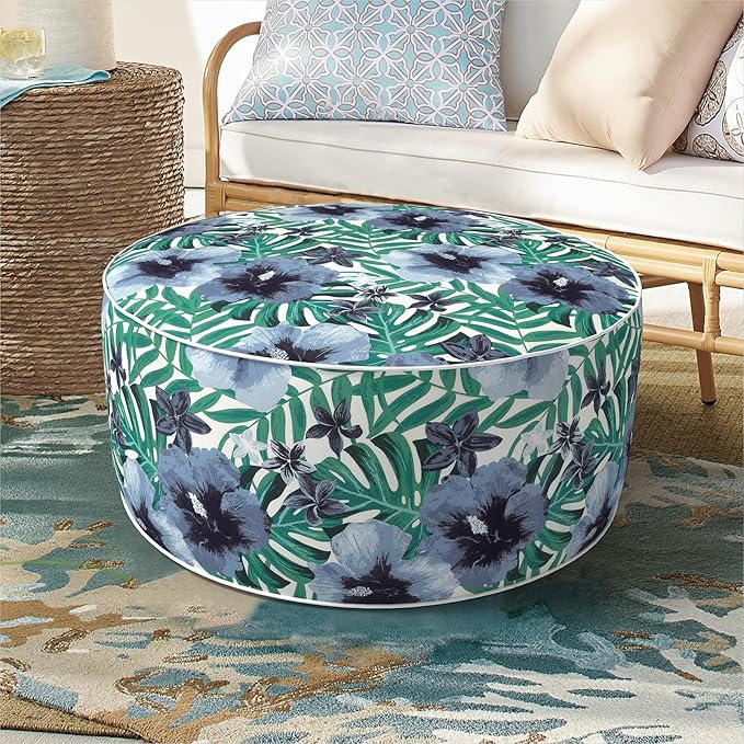 Inflatable Ottoman Stool D21 xH9 for Outdoor/Indoor Use, Water Repellent Patio Foot Rest with Portable Handle,Round Pouf Ottoman Suitable for Garden,Deck and Camping - Blue Salmone Tropical-Ruum Studio Home