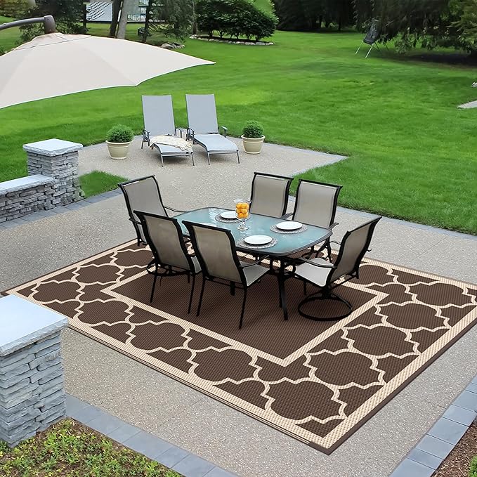 GENIMO 9' x 12' Outdoor Rug Waterproof for Patio Decor, Foldable Reversible Plastic Straw Area Rugs Mat for Camper, Outside Carpet for Rv, Deck, Porch, Picnic, Beach, Balcony, Coffee & Beige-Ruum Studio Home