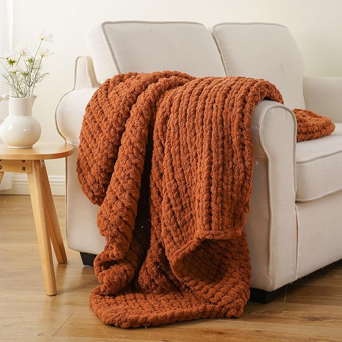 Battilo Chunky Knit Throw Blanket, Soft and Thick Chenille Throw Blanket, 50"x60" Handmade Cable Knit Crochet Blanket, Large Rope Knot Throw Blankets for Couch Sofa Bed Home Decor, Caramel-Ruum Studio Home