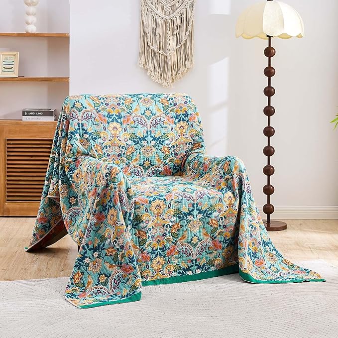 Boho Blanket Throw Quilt, 100% Cotton Soft Light Weight Throw Blankets for Summer, 60"x80" Farmhouse Flower Decorative Blankets, All Season Rustic Reversible Bohemian Throw Quilt-Ruum Studio Home
