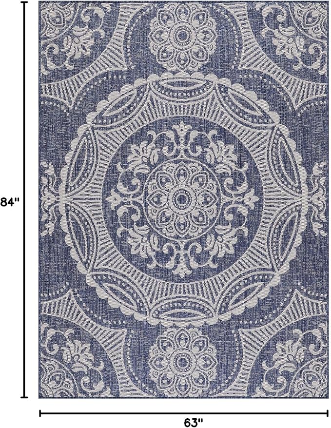 Medallion Outdoor Rug 5x7 Washable Outside Carpet for Indoor Patio Porch Waterproof Easy Cleaning Non Shedding Area Rugs Blue 5 x 7-Ruum Studio Home