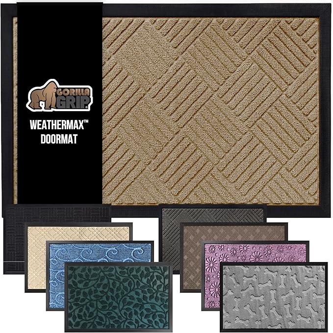 GORILLA GRIP 100% Waterproof All-Season WeatherMax Doormat US Designed Natural Rubber, Stain and Fade Resistant, Low Profile Indoor Outdoor Door Mats, Easy Clean Patio Mat, 23x35, Beige Diamond-Ruum Studio Home