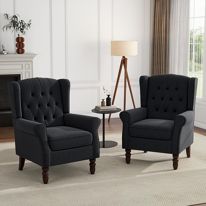 UIXE High Back Accent Chairs Set of 2, Upholstered Armchair in Fabric, Retro Wingback Arm Chair for Living Room, Comfy Single Sofa Bedroom Reading Seat with Solid Wood Legs - Black Blue-Ruum Studio Home