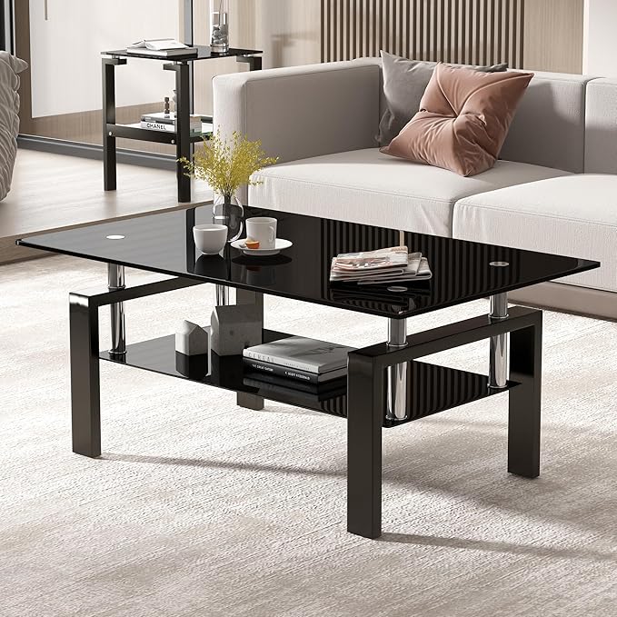 Black Glass Coffee Table for Living Room, Mordern Rectangle Tempered Glass Sofa Center Tables with Black Metal Leg for Home Office-Ruum Studio Home