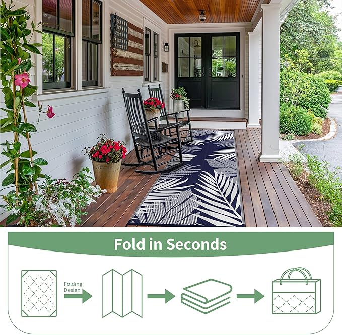 GENIMO Outdoor Rug 2.5' x 8' Waterproof for Patios Clearance, Reversible Outdoor Plastic Straw Camping Rug Carpet, Large Area Rugs Mats for RV, Camper, Deck, Balcony, Porch, Beach, Navy Blue&White-Ruum Studio Home