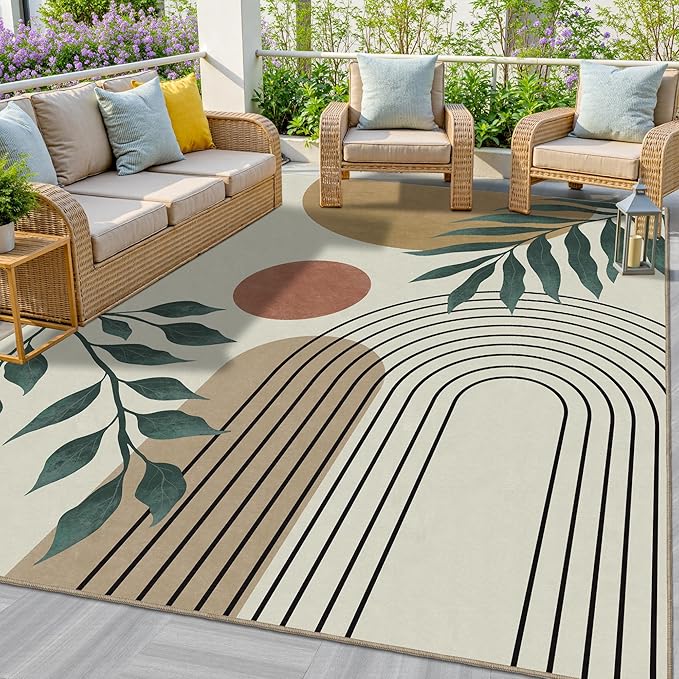 Indoor Outdoor Area Rug, Mid Century Sun Outdoor Patio Rug,Washable Abstract Art Leaves Eucalyptus Runway Rugs Non-Slip Carpet for Camping, Bedroom, Deck(8x10)-Ruum Studio Home
