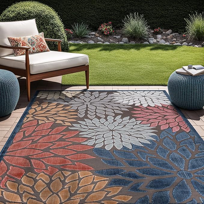 Beverly Rug Outdoor Rug 9x12 Large Modern Floral Tropical Area Rugs for Indoor and Outdoor Patio Easy to Clean Non Shedding Living Room Porch Garden Washable Outside Carpet (9 x 12 Brown)-Ruum Studio Home