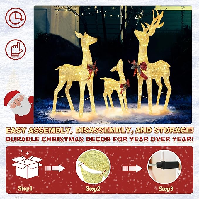 4.5FT Lighted Reindeer Family Set for Christmas Decoration, 3 Pieces Pre-Lit Iridescent Deer with 200 LED Lights, 3D Glittered Standing Holiday Display for Outdoor, Indoor, Golden-Ruum Studio Home