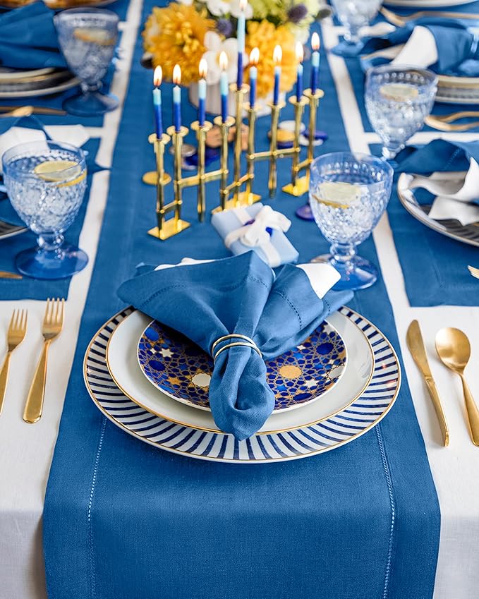 Solino Home Linen Indigo Blue Hemstitch Table Runner 60 Inches - 100% Pure Linen Small Table Runner 14 x 60 Inch Ideal for Dresser and Coffee Tables - Classic Hemstitch - Fall, Autumn, Halloween-Ruum Studio Home