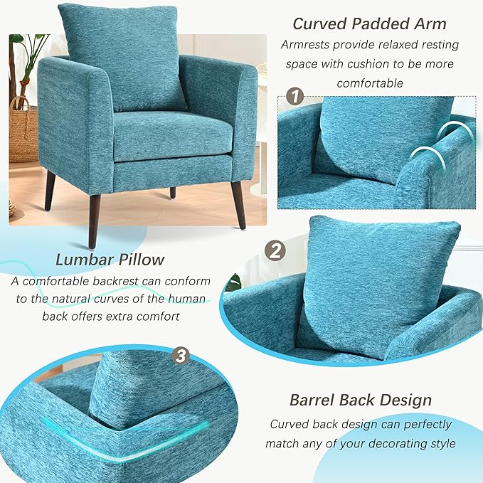Barrel Accent Chair Set of 2 with Back Pillow, Large Upholstered Armchair with Solid Wood Legs Modern Reading Chairs for Living Room Bedroom-Ruum Studio Home