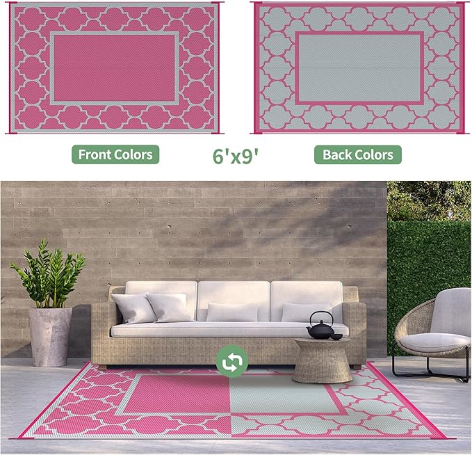 GENIMO 6' x 9' Outdoor Rug Waterproof for Patio Decor, Foldable Reversible Plastic Straw Area Rugs Mat for Camper, Outside Carpet for Rv, Deck, Porch, Picnic, Beach, Balcony, Pink & Grey-Ruum Studio Home