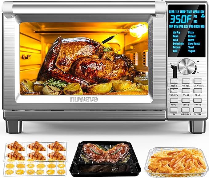 Nuwave Bravo Air Fryer Toaster Smart Oven, 12-in-1 Countertop Convection, 30-QT XL Capacity, 50°-500°F Temperature Controls, Top and Bottom Heater Adjustments 0%-100%, Brushed Stainless Steel Look-Ruum Studio Home
