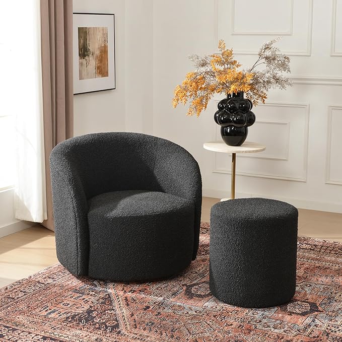 KINWELL 34" Boucle Swivel Barrel Chair with 18" Round Ottoman Set, Fully Assembled Set of Sherpa Accent Chair and Footrest, Modern Comfy Armchair and Footstool for Living Room and Bedroom, Black-Ruum Studio Home