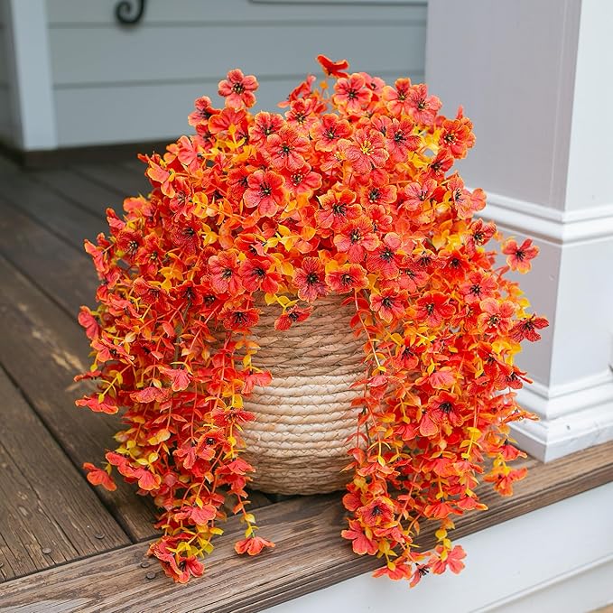 INSPRING Fall Artificial Flowers for Outdoors Fake Silk Flower, 2Pcs Red Orange Daisy Autumn Decor, Realistic Hanging Decoration Plants, UV & Fading Resistant for Porch Patio Balcony Planter-Ruum Studio Home