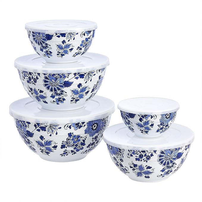 Amazon Basics Nesting Melamine Mixing Round Bowl with Lid and Non-Slip Base, 5 Sizes, Blue and White Floral, Set of 10, 4 quarts, 3 15/16",7 9/16",8 7/8",10",11 1/4"-Ruum Studio Home