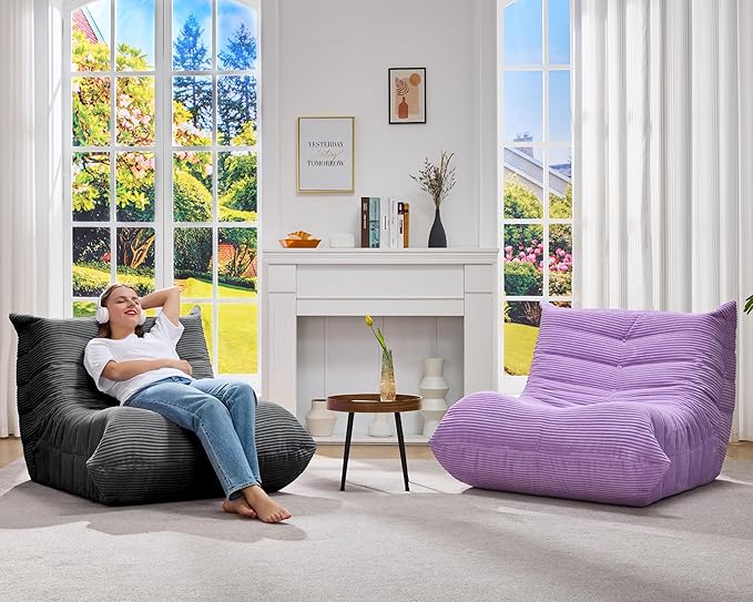 Bean Bag Chairs for Adults Giant Bean Bag Chair Memory Foam BeanBag Chair Big Bean Bag Sofa with Filler Faux Fur Fireside Beanbags Lazy Sofa for Living Room Bedroom Dorm Office (Grey Corduroy)-Ruum Studio Home