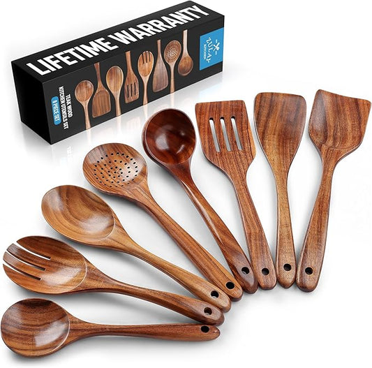 Zulay Kitchen Premium 8-Piece Wooden Spoons - Smooth Finish, Natural Teak Wood, Non-Stick, Handmade-Ruum Studio Home