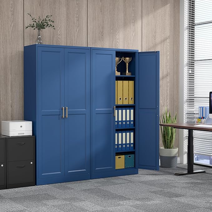 71" Metal Pantry Cabinet, Tall Kitchen Pantry Storage Cabinet with 4 Adjustable Shelves and Gold Handles, Blue Cupboard for Kitchen, Dining Room, Living Room-Ruum Studio Home