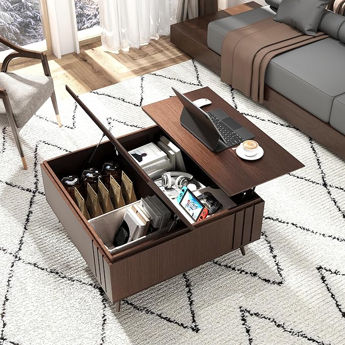 36.2" Lift Top Coffee Table with Storage, Large Square Coffee Tables with Hidden Compartment, Mid Century Modern Center Table for Home Office,Living Room,Dark Walnut-Ruum Studio Home