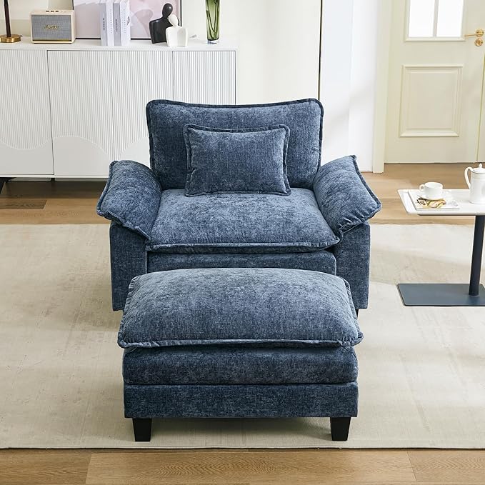 URRED Modular Sectional Sofa Comfy Cloud Couch, Modern Chenille Sofa Sleeper Deep Seat Couches with Ottoman/Pillows for Living Room (Blue, 53''- Ottoman)-Ruum Studio Home