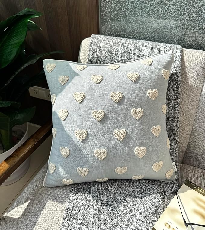 VAGMINE Hand Embroidered French Knotted Hearts Pillow Cover - 18x18 Inches Square - 100% Cotton Robins Egg Decorative Cushion Cover - Romantic Gift for Couples - Valentine’s Bedroom Decor-Ruum Studio Home