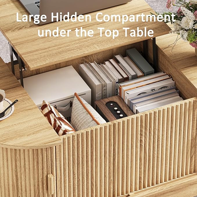 Lift Top Coffee Table with Storage,Oval Wood Coffee Table with Sliding Doors & Hidden Compartment, Fluted Center Table for Home,Living Room,Office, Natural-Ruum Studio Home