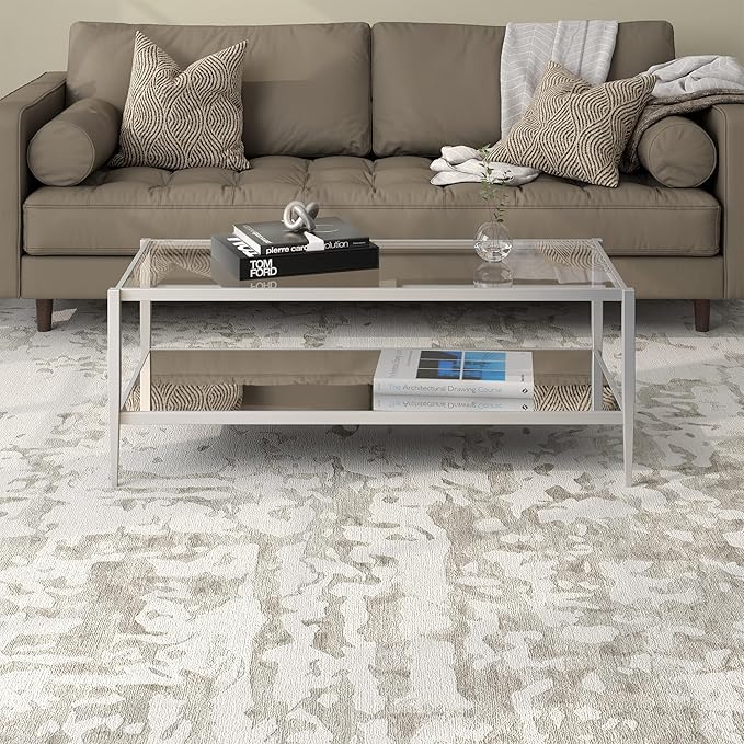 Henn&Hart 45" Wide Rectangular Coffee Table with Mirror Shelf in Satin Nickel, Coffee Table coffee tables for living room, studio apartment essentials-Ruum Studio Home