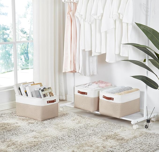 DECOMOMO Storage Bins Fabric Storage Baskets for Shelves, Linen Closet Organization Toys Nursery (Beige and White, Large - 3 Pack)-Ruum Studio Home