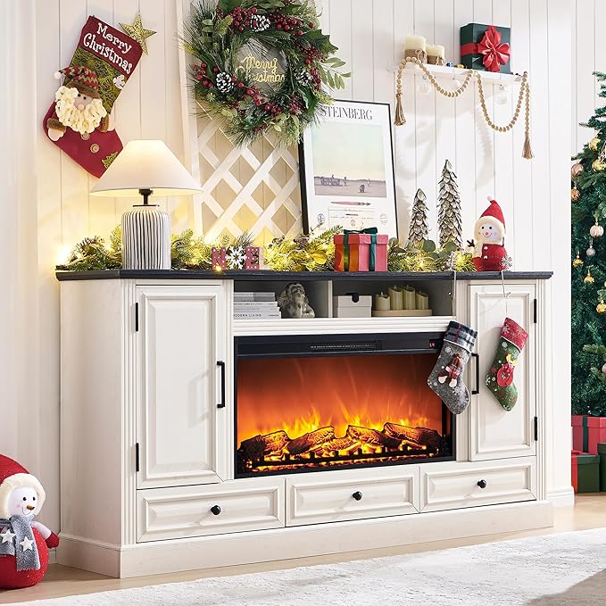 Fireplace TV Stand for 80 Inch TV, 35.7" Tall Farmhouse Entertainment Center W/36'' Electric Fireplace, Media Console with Large Storage Cabinets and Drawers for Living Room, Antique White-Ruum Studio Home