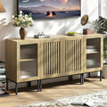 Farmhouse TV Stand for TVs up to 70 Inch, Entertainment Center TV Console with Storage Cabinets and Glass Doors,Media Console for Living Room,Oak-Ruum Studio Home