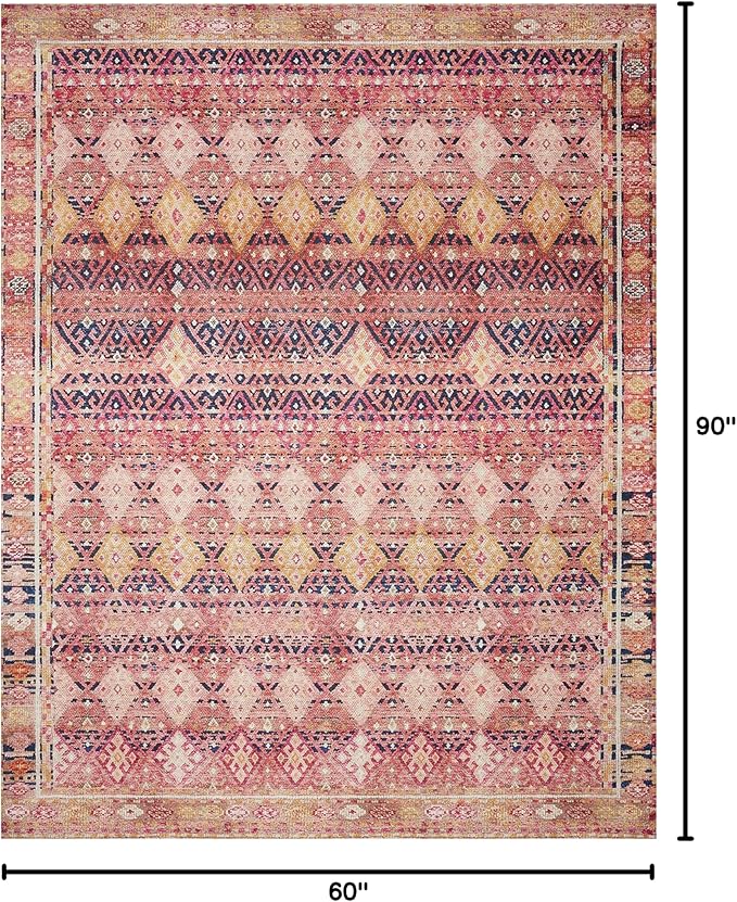 Loloi Layla Collection LAY-15 Magenta/Multi 5'-0" x 7'-6" .13" Thick Area Rug, Soft, Durable, Vintage Inspired, Distressed, Low Pile, Non-Shedding, Easy Clean, Printed, Living Room Rug-Ruum Studio Home