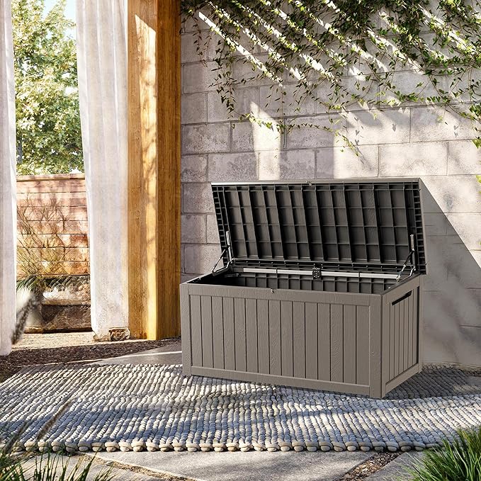 200 Gallon Lockable Resin Deck Box, Waterproof & UV-Resistant Outdoor Storage Box for Outdoor Cushion Storage, Garden Tools & Pool Accessories Storage, Gray-Ruum Studio Home