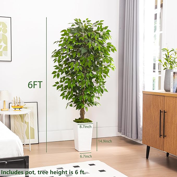 Artificial Ficus Tree 6FT Faux Floor Tree with Planter UV Resistant Potted Fake Silk Plant, Real Wood Trunk-Indoor Outdoor Lifelike Fake Ficus Tree for Home, Living Room Bedroom Topiary Tree-Ruum Studio Home