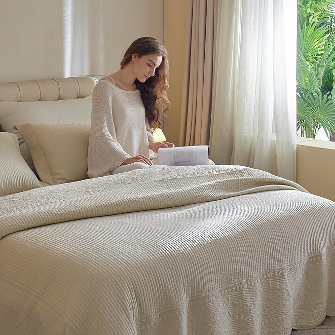 MarCielo 3-Piece 100% Cotton Oversized Bedspread Lightweight Quilt Coverlet Embroidery Farmhouse Bedding Set (TG Yellowish Beige, Oversized King (118"x106"))-Ruum Studio Home