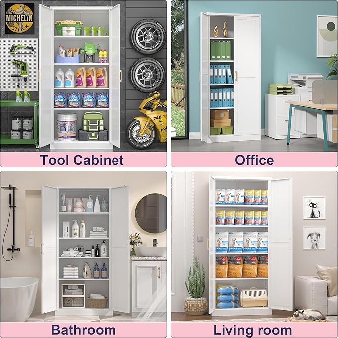 71" Storage Cabinet, Metal Pantry Cabinet, Kitchen Pantry Storage Cabinets with Doors and 4 Shelves, Cabinets for Laundry Room, Living Room, Dinning Room, Assembly Required, White-Ruum Studio Home
