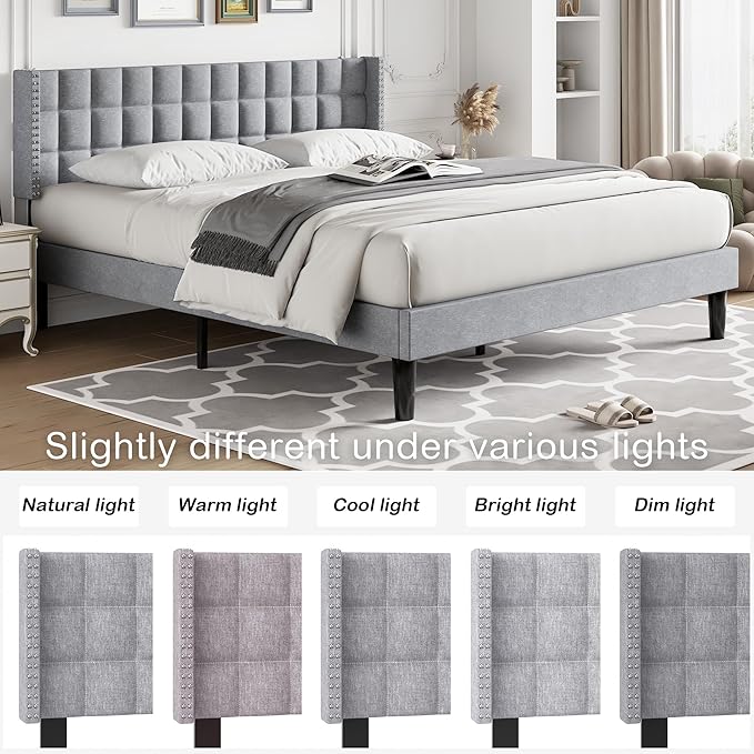 VECELO Headboard King Size, Linen Upholstered Headboards Only with Nailhead Trim Wingback, Square Stitched Design, Adjustable Height from 40" to 49.8", Light Grey-Ruum Studio Home