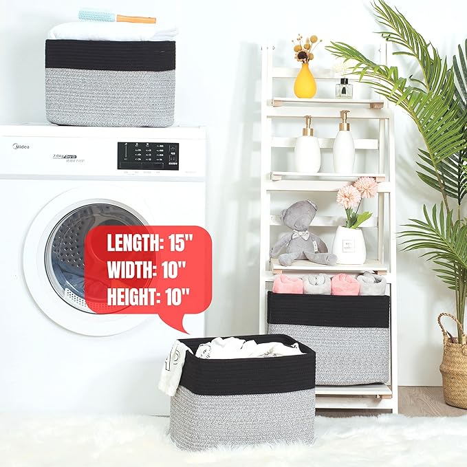 MINTWOOD Design 3-Pack Storage Baskets for Shelves, Playroom Classroom Storage Basket, Book Basket, Decorative Storage Cube Bins, Woven Closet Organizers, Pantry and Shoe Organizer, Black Light Grey-Ruum Studio Home