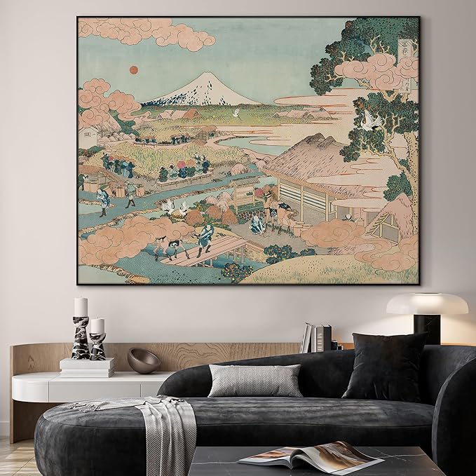 SIGNWIN 46"x60" Extra Large Framed Wall Art Japanese Ukiyo-e Landscape, Timeless Mt. Fuji Scene for Zen-Inspired or Asian-Style Interiors for Home Living Room Bedroom Decor (Frame Assembly Required)-Ruum Studio Home