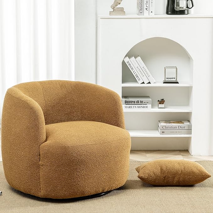 KINWELL 34" Wide Boucle Swivel Barrel Chair, No Assembly Round Upholstered Armchair Accent Chair Single Sofa Chair with Toss Pillow for Living Room and Bedroom, Brown-Ruum Studio Home