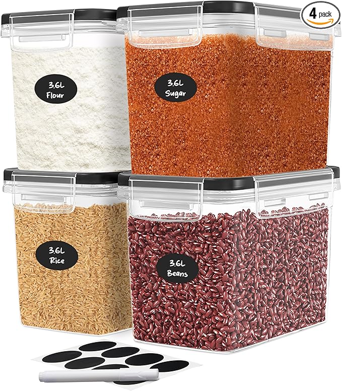 DWËLLZA KITCHEN Flour Sugar Storage Containers Set of 4; 3.6l Plastic Airtight Food Storage Containers with Lids for Kitchen Pantry Organization and Storage - Dry Food Containers, Labels & Marker-Ruum Studio Home