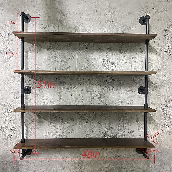 Industrial Pipe Wall Shelves With Real Wood Plank, 48 Inches Floating Shelves for Wall, 4 Tier Farmhouse Book Shelves, Dark Brown for Kitchen, Living Room Decor and Bar-Ruum Studio Home